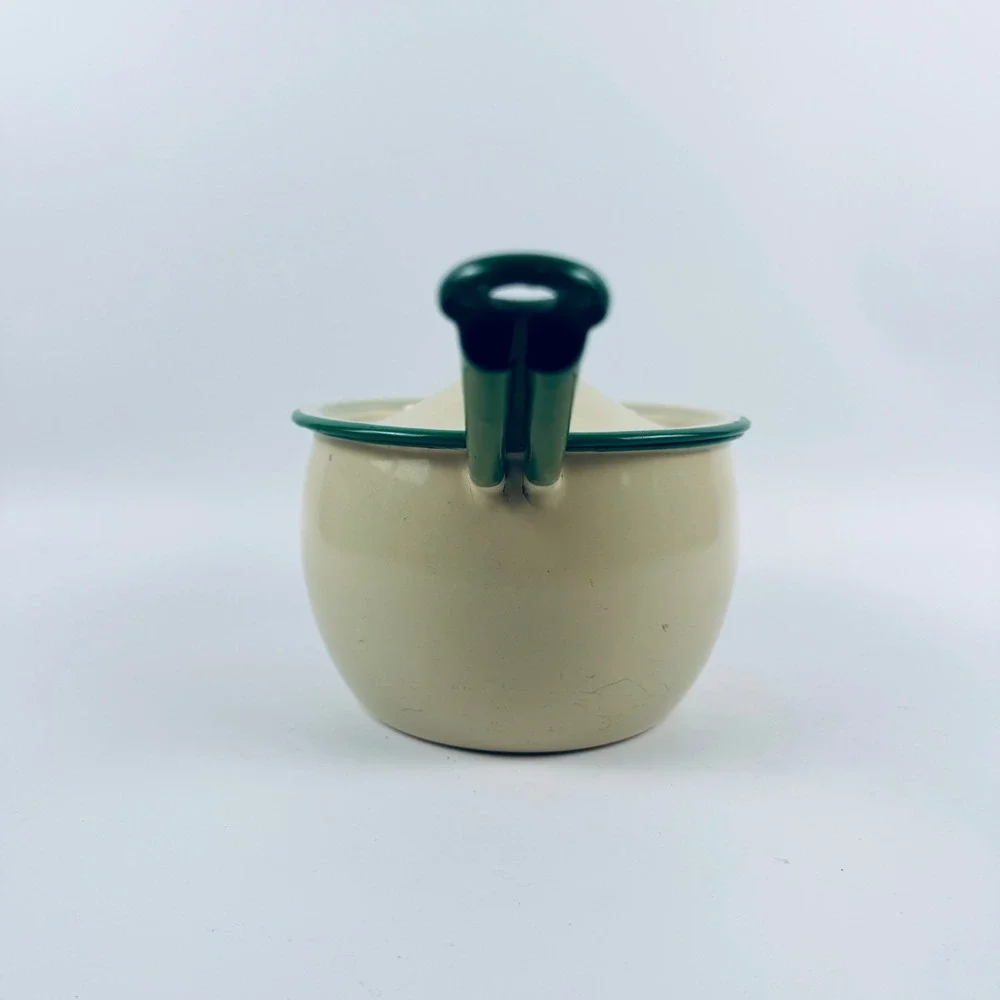 Vintage Cream Green Enamel Saucepan w Lid Farmhouse Cottage Kitchen